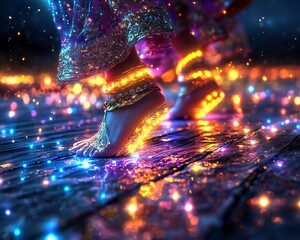 Vibrant dance floor illuminated by colorful lights, showcasing artistic feet adorned with ethnic jewelry.