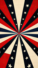Poster - Bold and vibrant abstract radial design featuring red, white, and blue stripes with stars, creating dynamic and patriotic visual effect. Perfect for conveying sense of celebration and energy