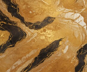 Wall Mural - a close-up view of a marble surface with a striking pattern of black and gold swirls and lines.