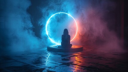 Canvas Print - Mystical futuristic gateway enveloped in mist. Circular luminous structure advanced translocator. Illuminated by neon lights against dark backdrop. Radiant podium with no one in sight.