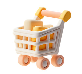 3D rendering of a shopping cart with pastel colors, perfect for e-commerce and online shopping themes.