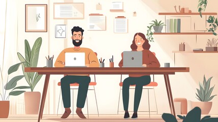 Wall Mural - Two People Working at Desk with Laptops and Plants