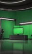 © Nipon - A green screen is displayed on a television set in a studio with a black floor and white walls, with a camera and lighting equipment in the background.