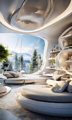 Wall Mural - The image showcases a futuristic living room with a curved white sofa, a large window offering a scenic view of a snowy mountain range, and a minimalist design with a