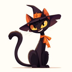 A playful black cat wearing a witch's hat and bow tie, exuding charm.