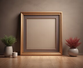 A wooden picture frame with a blank canvas sits on a wooden floor, flanked by two potted plants and a lit candle, against a beige wall.