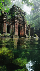 Wall Mural - Ancient temple ruins by jungle river, partially submerged in water, surrounded by lush greenery and moss covered stones, evoke sense of mystery and tranquility