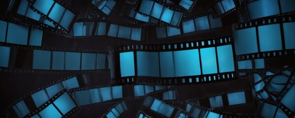 Wall Mural - The image presents a captivating scene of film reels, each adorned with a unique pattern of blue and white stripes, arranged in a seemingly random yet intriguing manner.