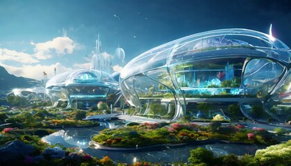 Wall Mural - a futuristic cityscape with glass domes and structures, surrounded by a lush, colorful garden and a serene body of water.