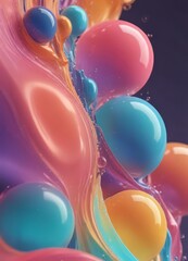 Poster - a close-up view of a vibrant splash of color, with a variety of spherical objects in shades of blue, pink, orange, and yellow. The objects are arranged in a dynamic,