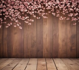 Wall Mural - A wooden wall with pink cherry blossoms hanging from it, creating a serene and romantic atmosphere.