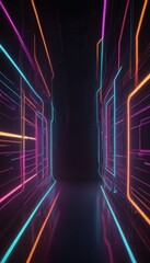 Poster - The image presents a futuristic corridor with neon-colored lines and a reflective floor, creating a sense of depth and movement.