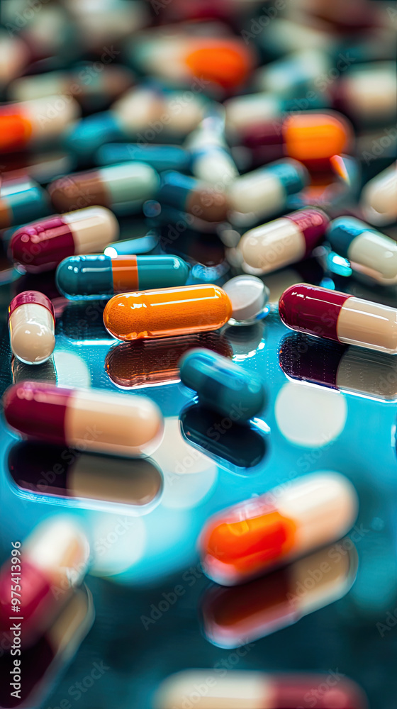 Colorful capsules and tablets spread across mirrored surface create ...
