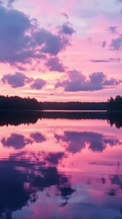 Wall Mural - A calm lake reflecting pink and purple skies, surrounded by trees, creates serene and tranquil atmosphere. beautiful colors in sky enhance peacefulness of scene