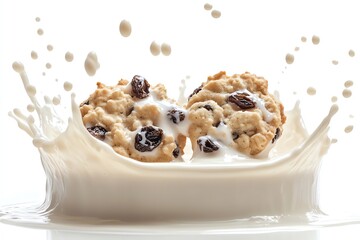 Two oatmeal raisin cookies with milk splash.