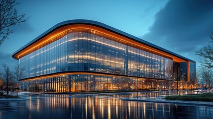 Wall Mural - Modern glass building reflecting evening lights and clouds.