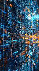 Poster - Digital data streams create vibrant and complex visual of cybersecurity defense systems, showcasing multiple layers of encryption and protection. bright blue and orange colors highlight intricate netw