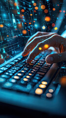 Poster - A cybersecurity expert is focused on typing on keyboard, surrounded by digital elements and glowing data visualizations, emphasizing importance of data protection and technology