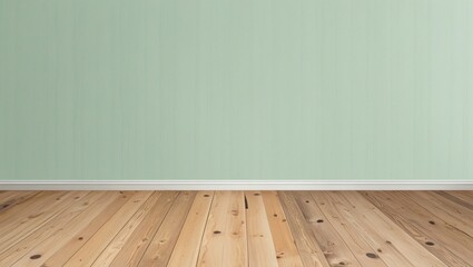 Minimalist interior design with light green vertical panel wall and natural wooden floor with visible knots, creating a serene atmosphere with clean, uniform look, generative Ai