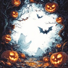 Sky filled with jack - o'-lanterns,bats,witchs and ghosts around a white background，a large light blank space,he bats are flying around,atmosphere,creating an otherworldly scene.