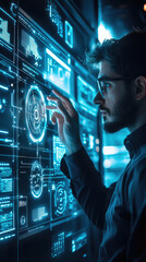 Poster - A man interacts with advanced cybersecurity protocols displayed on holographic interface, showcasing futuristic environment filled with digital data and technology