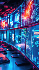 Poster - High tech control room with multiple screens displaying data analysis, graphs, and alerts. vibrant colors and dynamic visuals create an intense atmosphere of cybersecurity monitoring