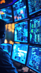 Poster - A person monitors multiple screens displaying data and alerts in high tech environment, emphasizing urgency of data breach situation. blue tones and glowing screens create focused atmosphere