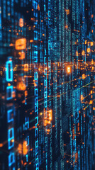Poster - Digital data encryption process visualized as glowing codes, showcasing vibrant blue and orange elements. This image represents complexity and beauty of modern technology