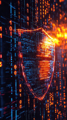 Poster - Digital security is represented by glowing shield amidst backdrop of flowing encrypted binary code, symbolizing protection and data integrity in digital realm
