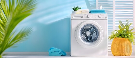 Bright laundry room featuring a modern washing machine, fresh towels, and vibrant plants in a cheerful, relaxing atmosphere.