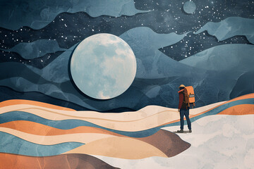 Wall Mural - a person with a backpack hiking on the moon, in a paper cut style illustration, generative ai