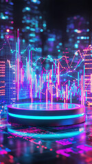 Poster - A glowing neon podium is surrounded by 3D holographic data, showcasing vibrant graphs and charts in futuristic cityscape. colorful lights create an energetic atmosphere