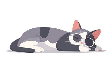 Wall Mural - a flat vector illustration of a gray and white cat wearing sunglasses and lying down, generative ai