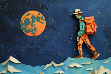 Wall Mural - a man with his back to the camera is walking on top of a hill. he has a backpack and a hat. behind h