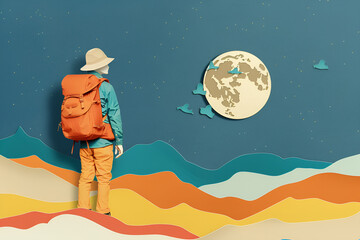 Wall Mural - a man with his back to the camera is walking on top of a hill. he has a backpack and a hat. behind h