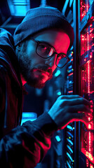 Poster - A hacker is breaking through digital firewall, surrounded by glowing servers and vibrant lights, creating an intense atmosphere of technology and intrigue