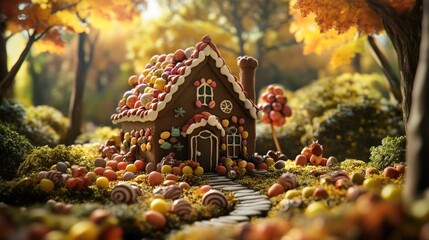 Poster - Gingerbread House Among Pumpkins