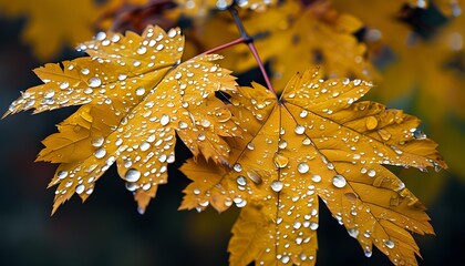 Wall Mural - Macro view of raindrops adorning a vibrant yellow autumn maple leaf