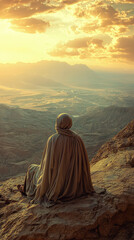 Wall Mural - Moses gazes at Promised Land from atop Mount Nebo, surrounded by breathtaking landscapes and golden sunset. His contemplative expression reflects hope and faith