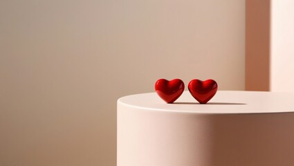 Minimalist still-life with two glossy red heart-shaped objects on a light beige pedestal, serene off-white background, clean contrast, elegant composition, generative ai