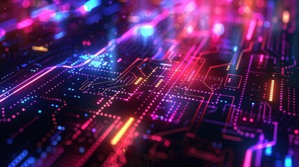 Vibrant technology background featuring neon lights and circuit patterns, ideal for digital and futuristic themes.