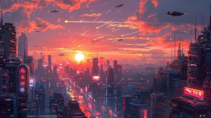 A vibrant futuristic cityscape at sunset, featuring flying vehicles and neon lights illuminating the skyline.