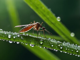 Close-up of a mosquito clinging to a dewdrop-covered leaf in a lush, green environment.