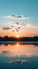 Wall Mural - A silhouetted flock of birds flying over calm lake at sunset creates serene and picturesque scene. vibrant colors of sky reflect beautifully on waters surface, enhancing tranquil atmosphere