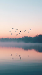 Wall Mural - A silhouetted flock of birds flying over calm lake at sunrise creates serene and tranquil atmosphere. soft colors of sky reflect beautifully on waters surface, enhancing peaceful scene