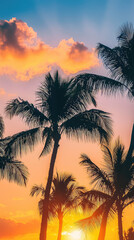 Wall Mural - Silhouetted palm trees sway in breeze against vibrant sunset sky, creating serene and tropical atmosphere. warm colors evoke sense of peace and relaxation