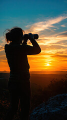 Wall Mural - A silhouetted person looking through binoculars at stunning sunset, capturing beauty of nature. vibrant colors of sky create serene atmosphere