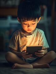 A young boy sits cross-legged in a dimly lit room, deeply focused on the glowing screen of a handheld tablet.