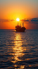 Wall Mural - A silhouetted ship on horizon as sun sets over tranquil sea creates stunning visual. warm colors of sunset reflect beautifully on waters surface, evoking sense of peace and serenity