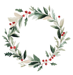 Wall Mural - watercolor christmas wreath with greenery and red berries on white background, soft beige palette